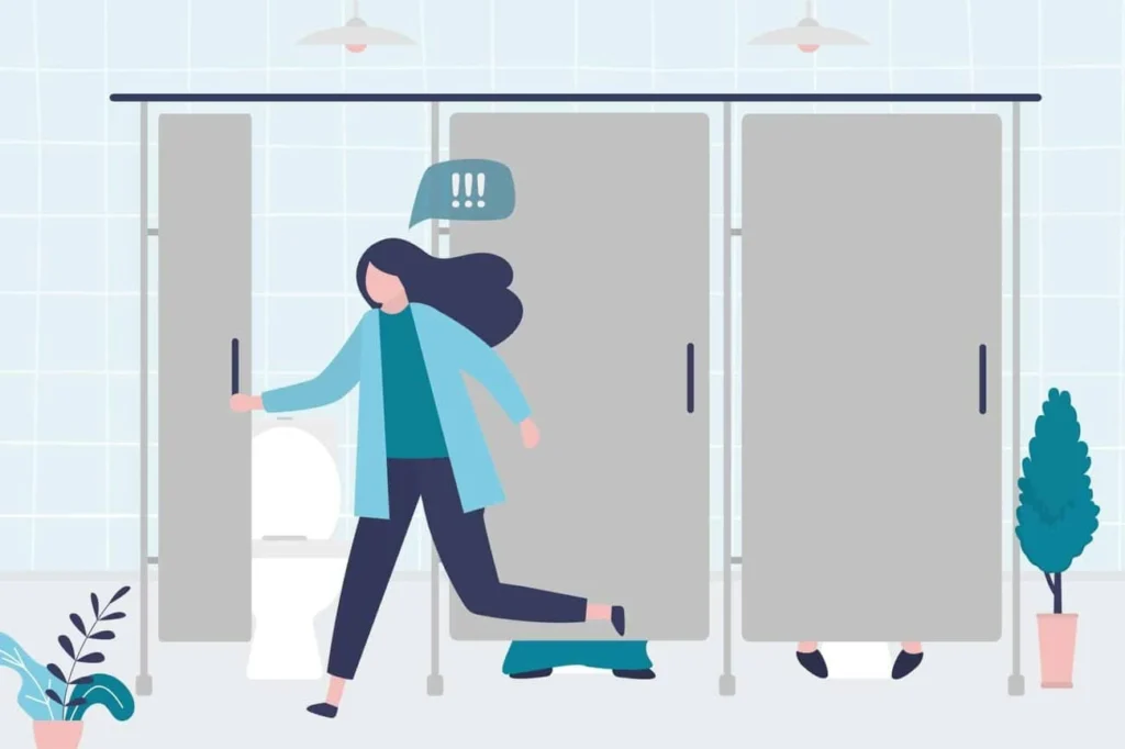 graphic of Urine incontinence Ruislip Manor woman running to the toilet.