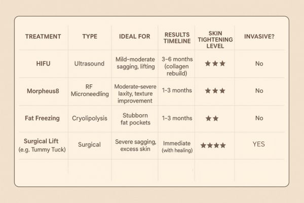 Table showing the comparisons of Skin tightening Ruislip Manor treatment options.